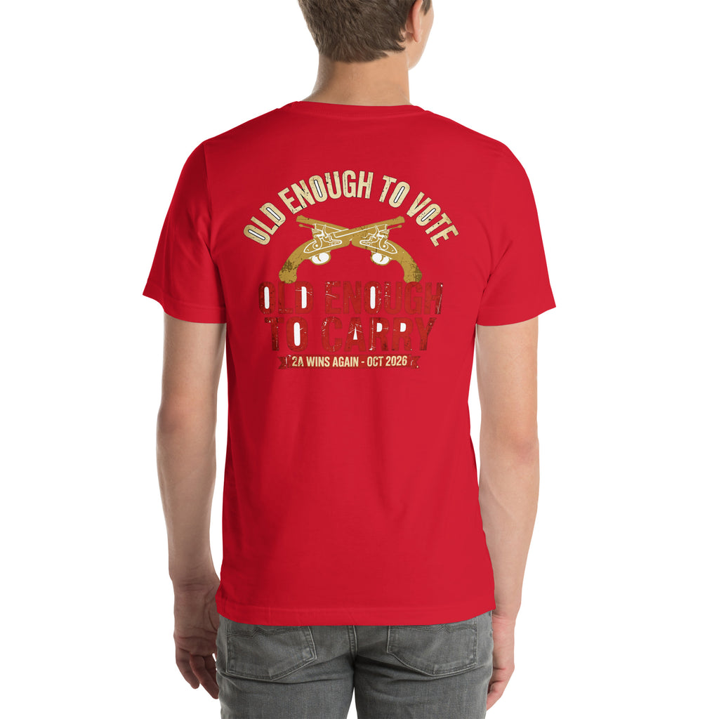 Old Enough To Carry Premium Tee in Red, back view