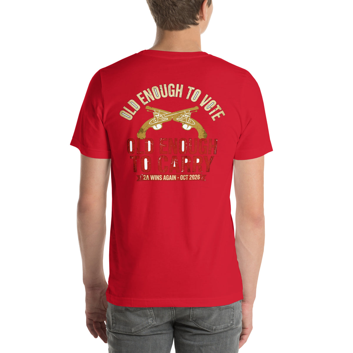 Old Enough To Carry Premium Tee in Red, back view