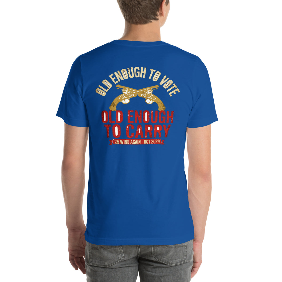Old Enough To Carry Premium Tee in True Royal, back view