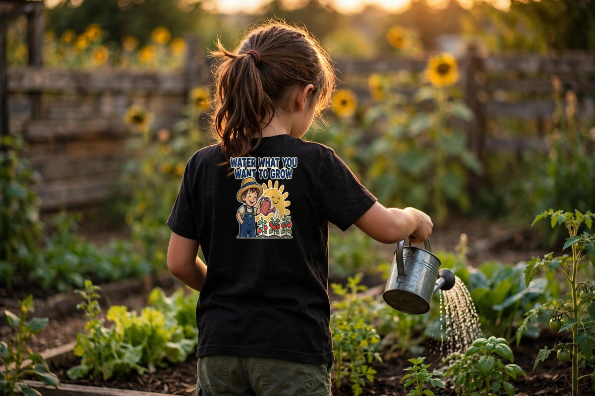 Water What You Want To Grow — Kids Tee worn in a lifestyle photo