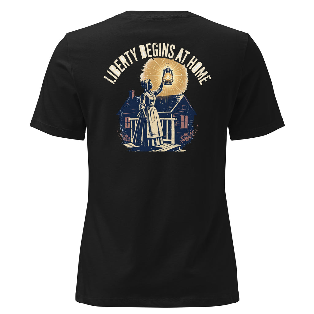 Liberty Begins at Home Women's Tee t-shirt by Patriot Tactical, homestead American heritage design – product mockup