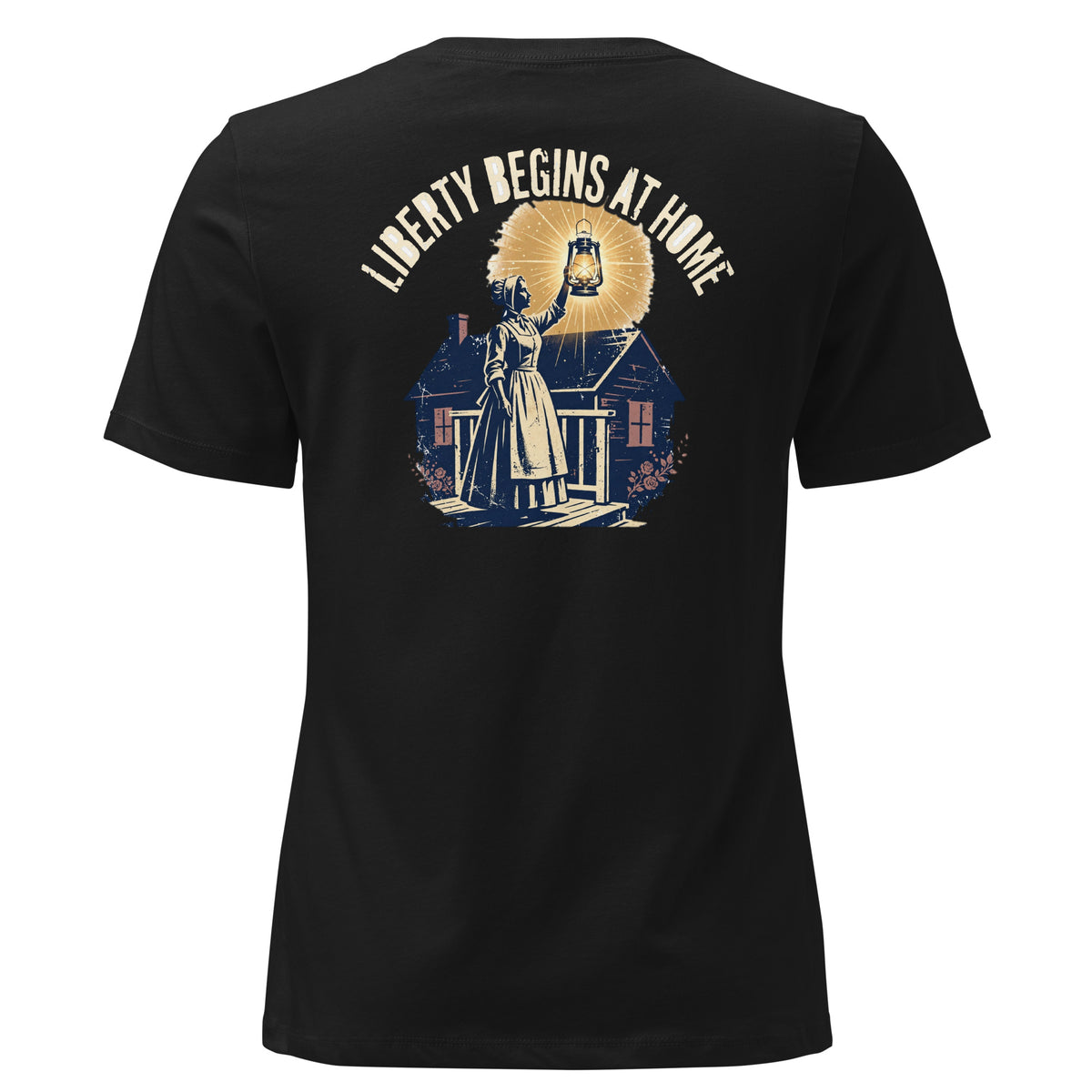 Liberty Begins at Home Women's Tee t-shirt by Patriot Tactical, homestead American heritage design – product mockup