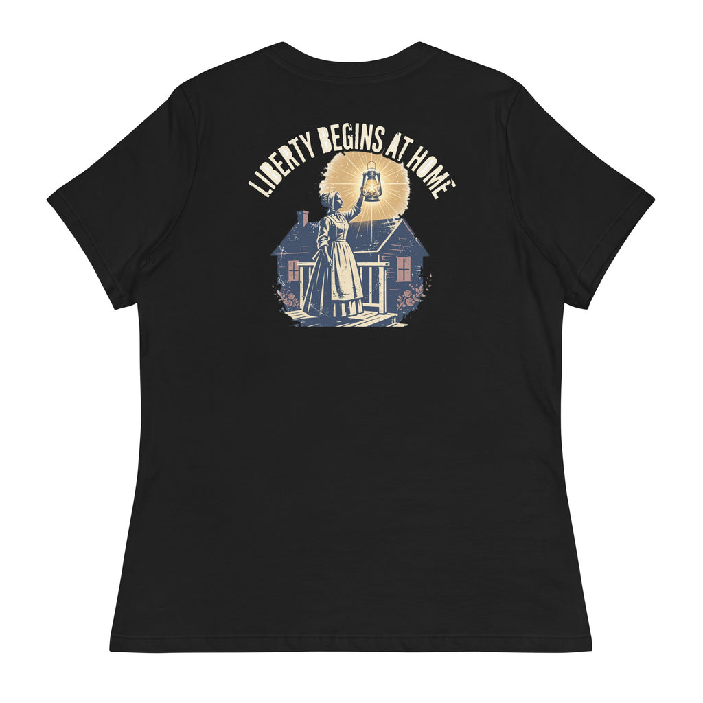 Liberty Begins at Home Women's Tee t-shirt by Patriot Tactical, homestead American heritage design – alternate color