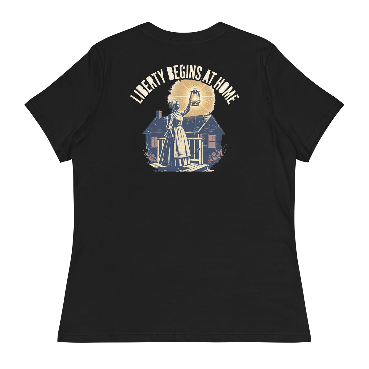 Liberty Begins at Home Women's Tee t-shirt by Patriot Tactical, homestead American heritage design – alternate color
