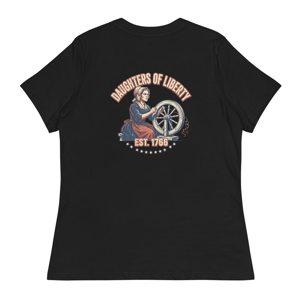 Back of a black women's relaxed tee with a Daughters of Liberty print: a colonial woman at a spinning wheel, Est. 1766, and a row of stars.