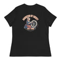 Back of a black women's relaxed tee with a Daughters of Liberty print: a colonial woman at a spinning wheel, Est. 1766, and a row of stars.