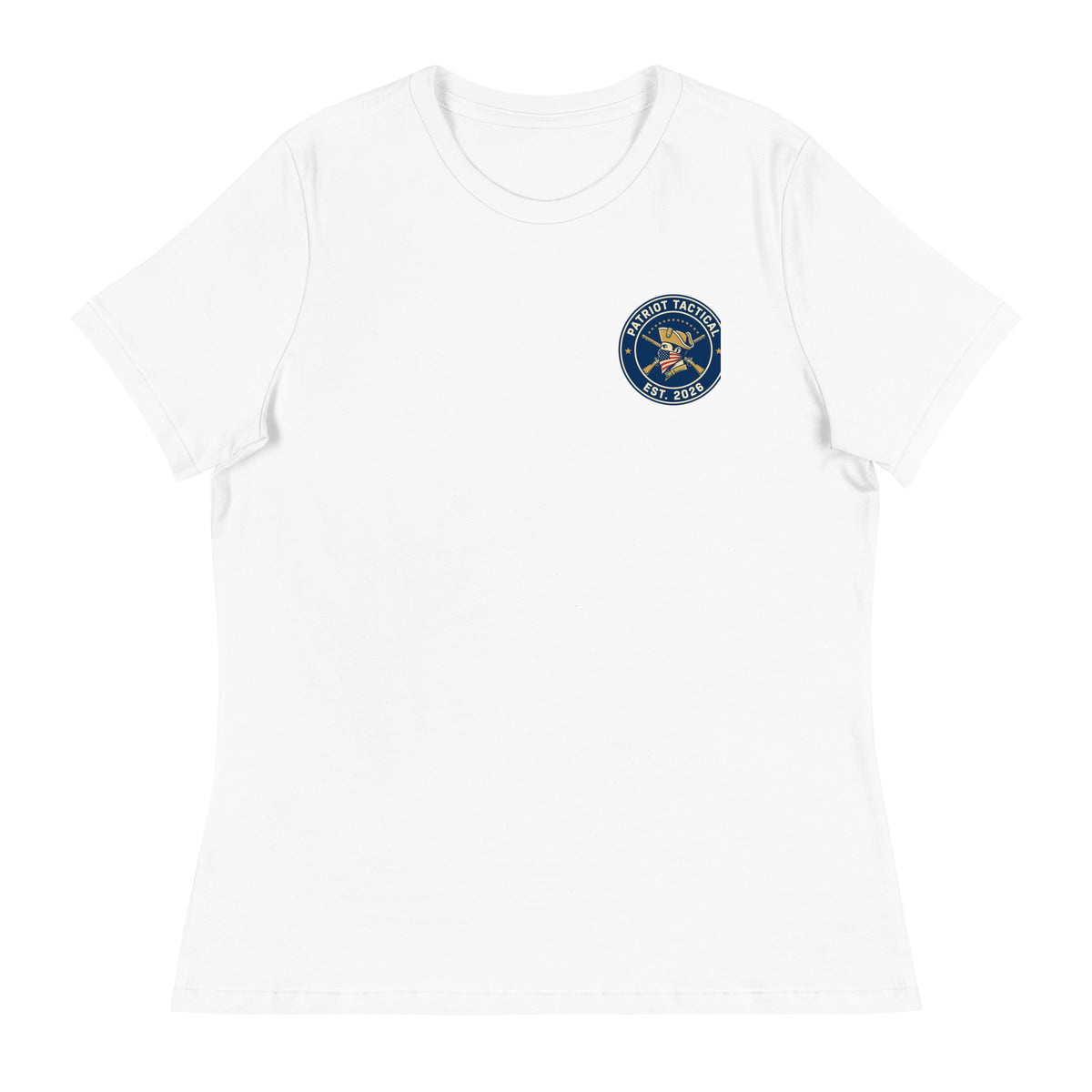 Front of the white Daughters of Liberty women's tee with a small navy and gold Patriot Tactical crest on the left chest.